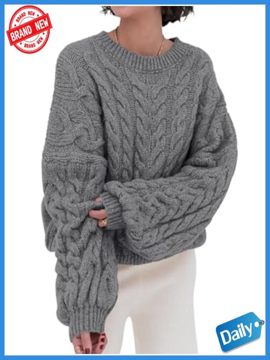 Sweaters - Oversized Cable Knit Sweater Women Chunky Crewneck Long Sleeve Pullover